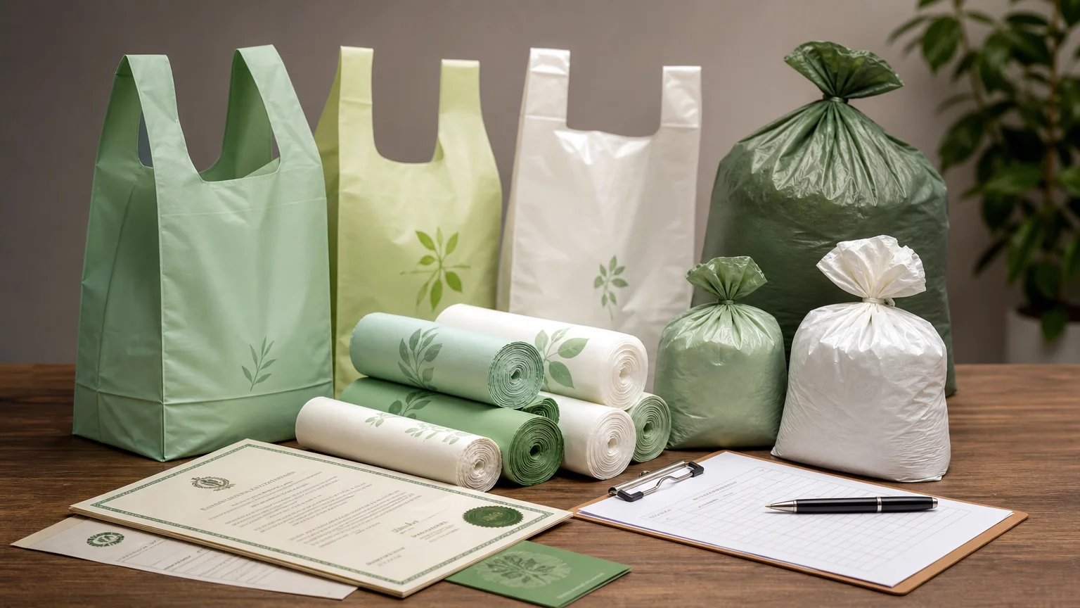 compostable shopping bags and garbage bags arranged with certification documents and a buyer checklist on a wooden table
