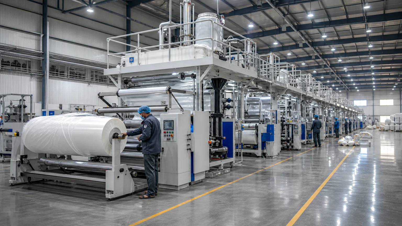 automated compostable bag manufacturing production line in a clean factory facility with dedicated equipment