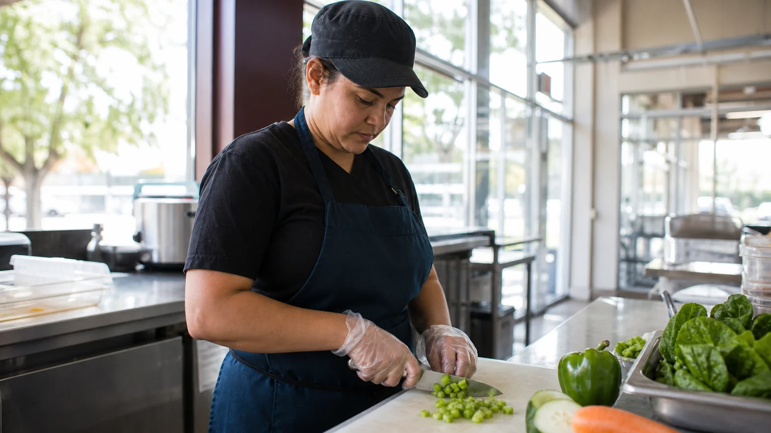 Food service worker wearing TPE disposable gloves slicing vegetables in a commercial kitchen