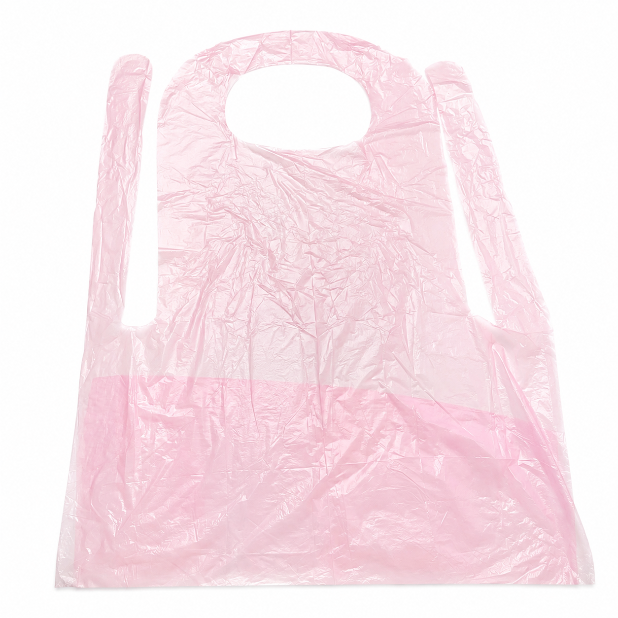 Flat pink PE apron showing the neck opening and waist ties thumbnail