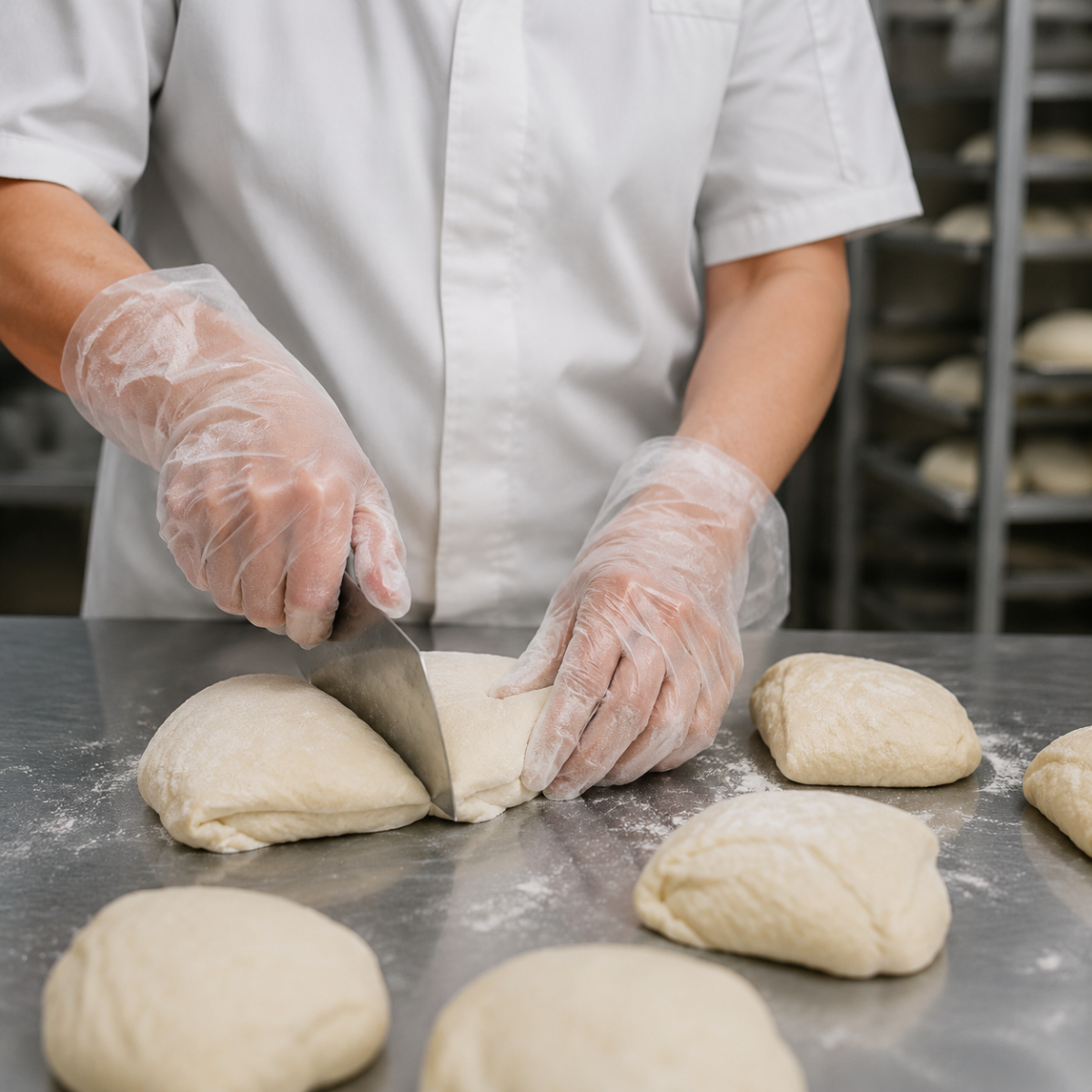 Food preparation worker wearing clear translucent CPE gloves while portioning dough