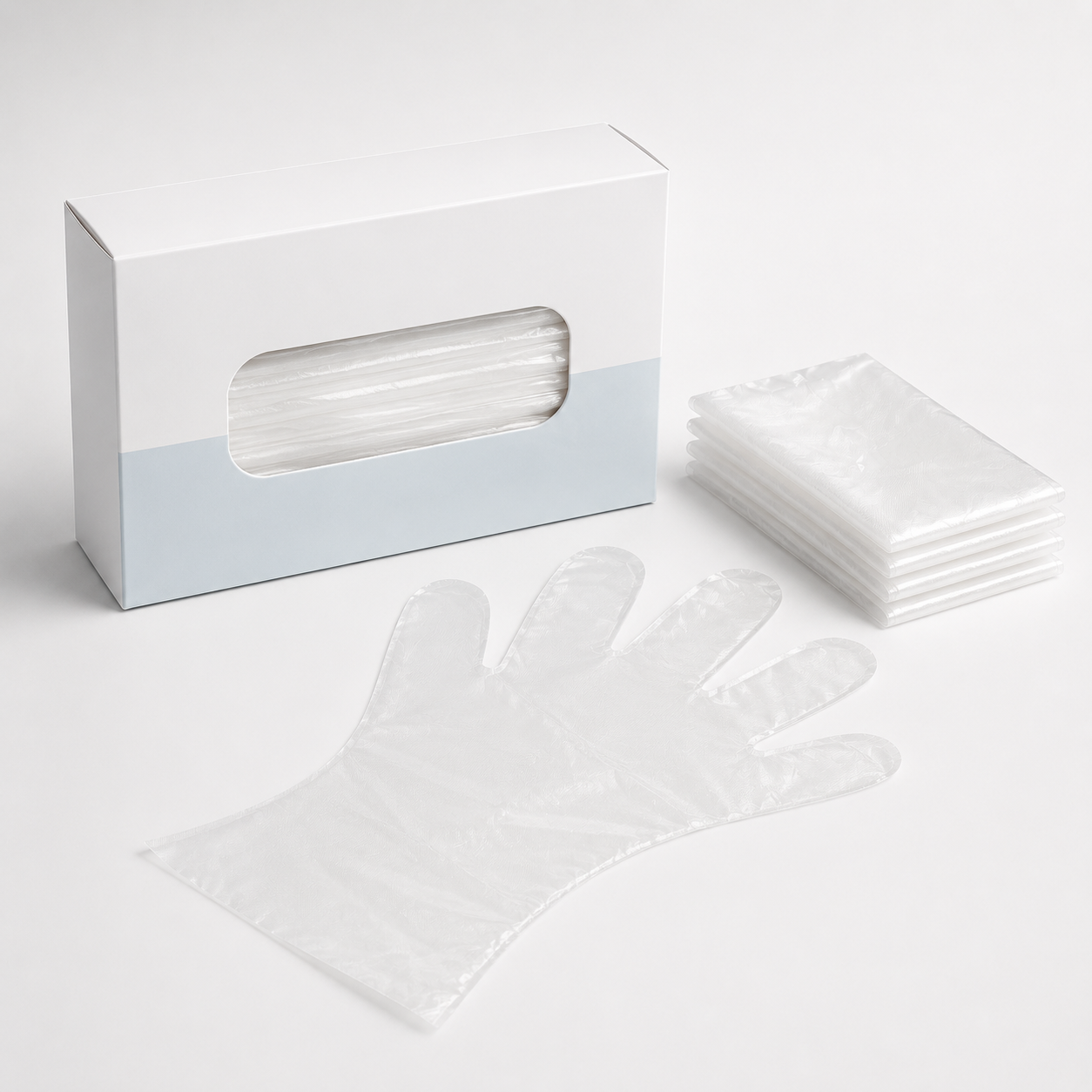 Disposable CPE Gloves arranged in unbranded dispenser and export packaging thumbnail