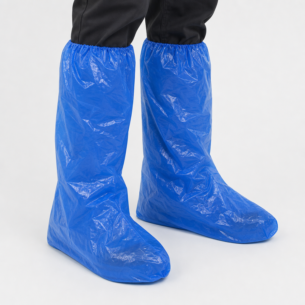Blue PE boot covers worn over footwear and lower legs