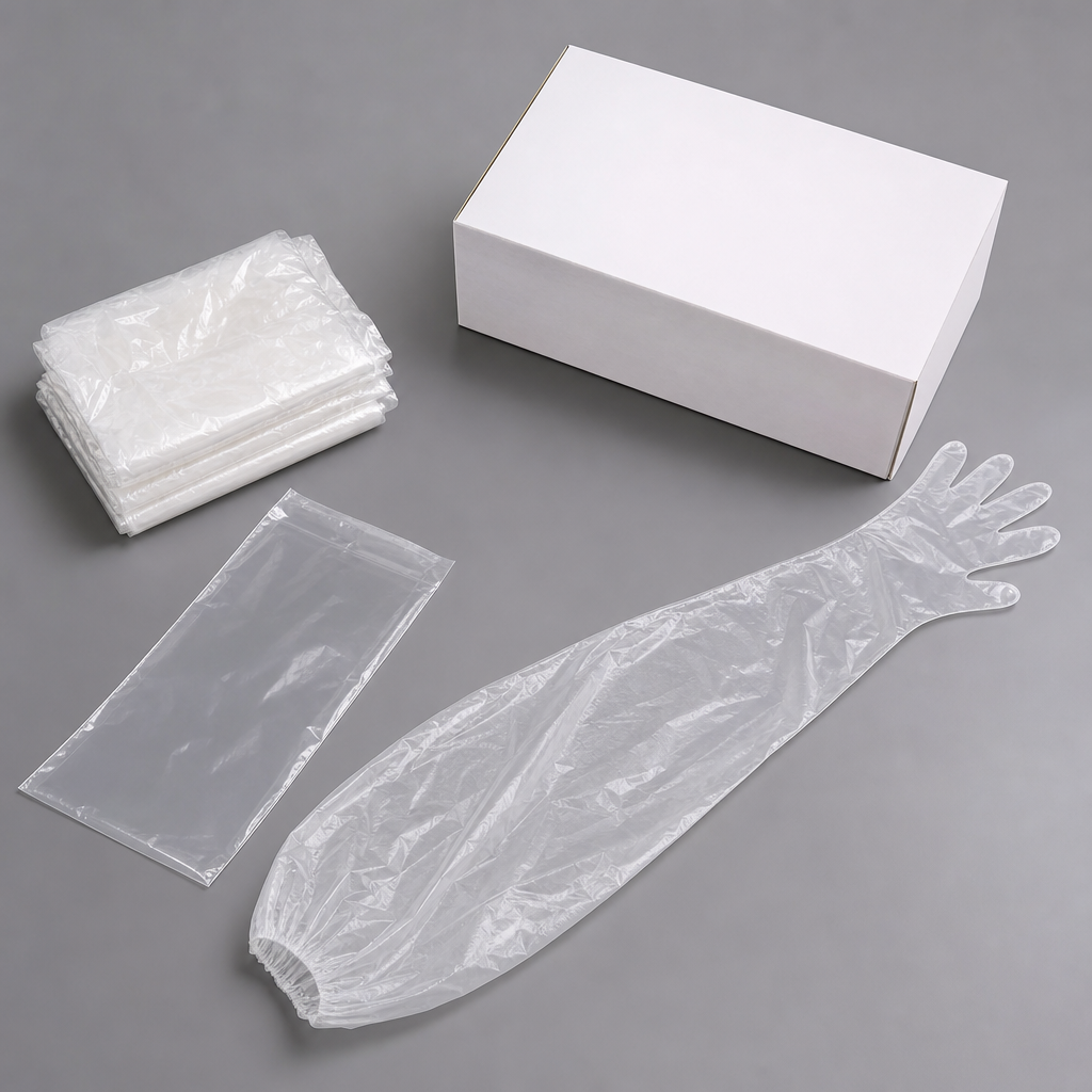 CPE Long Gloves arranged in unbranded dispenser and export packaging thumbnail