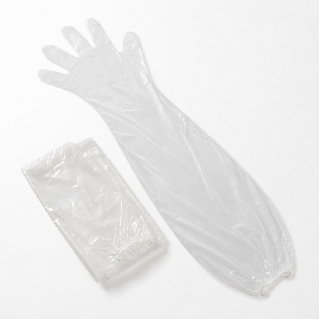 Translucent blue CPE long glove with extended forearm-length cuff