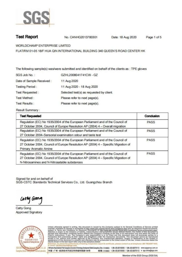 TPE Glove — SGS Food Contact Test Report