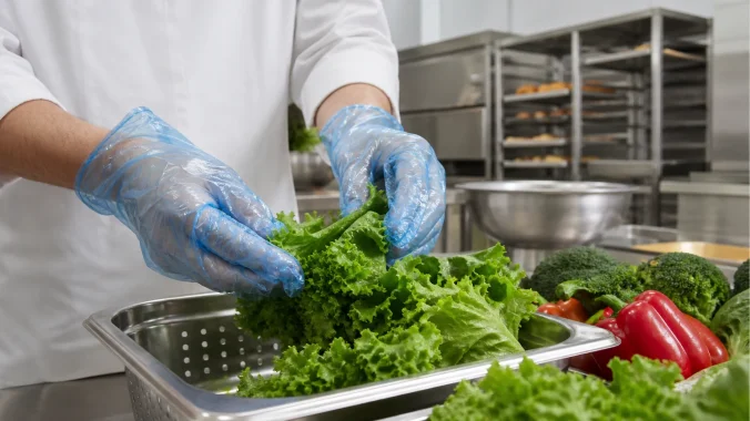 Worker wearing blue disposable PE gloves while handling fresh vegetables in a commercial kitchen
