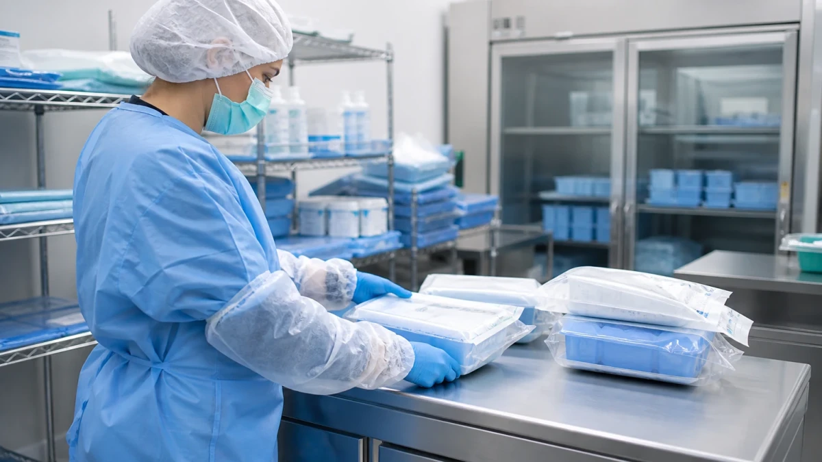 Protective supply worker preparing trays in a controlled work environment