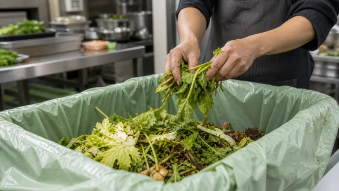 Green compostable liner collecting organic food and plant waste in a commercial sorting area