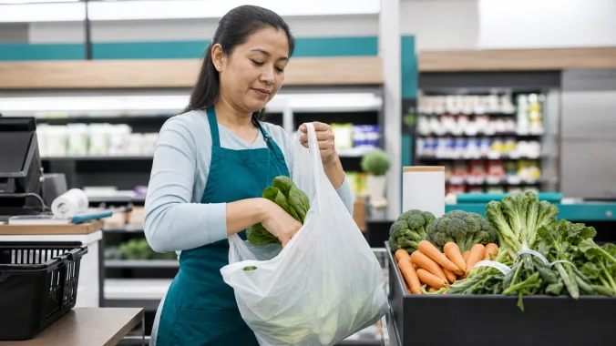 Retail checkout worker packing fresh produce into a translucent T-shirt shopping bag
