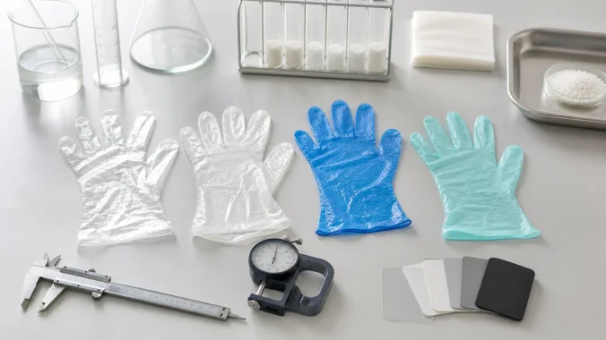 Four disposable glove materials arranged for technical comparison on a laboratory table