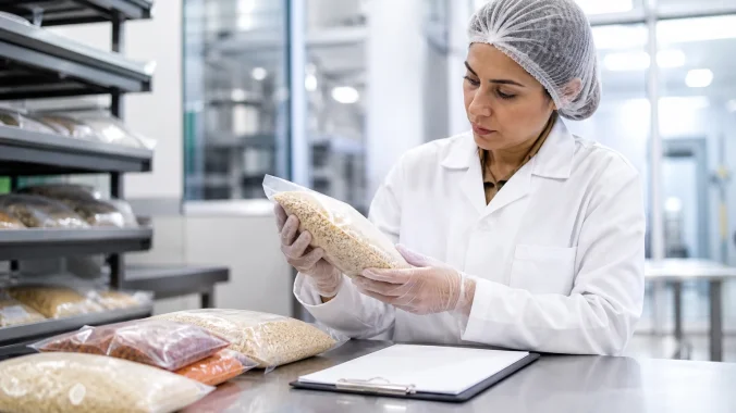 Food quality-control specialist inspecting packaged ingredients while wearing disposable gloves