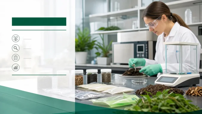 Laboratory setup testing compostable film samples with soil, plant matter and precision equipment