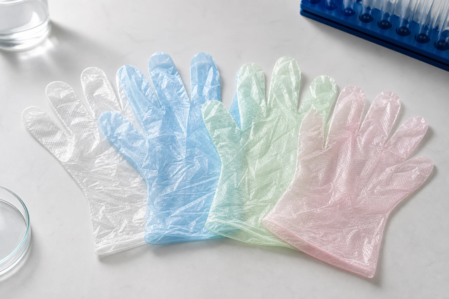 Clear, blue, green and pink standard short disposable film gloves arranged for material comparison