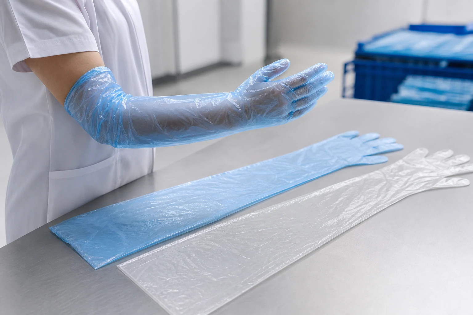 Extended-length blue and clear disposable gloves demonstrating forearm coverage