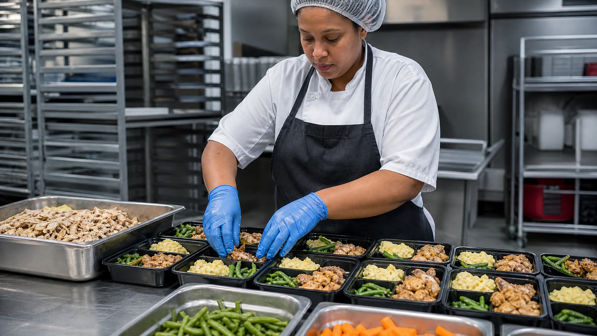 Commercial kitchen worker assembling prepared meals while wearing disposable gloves