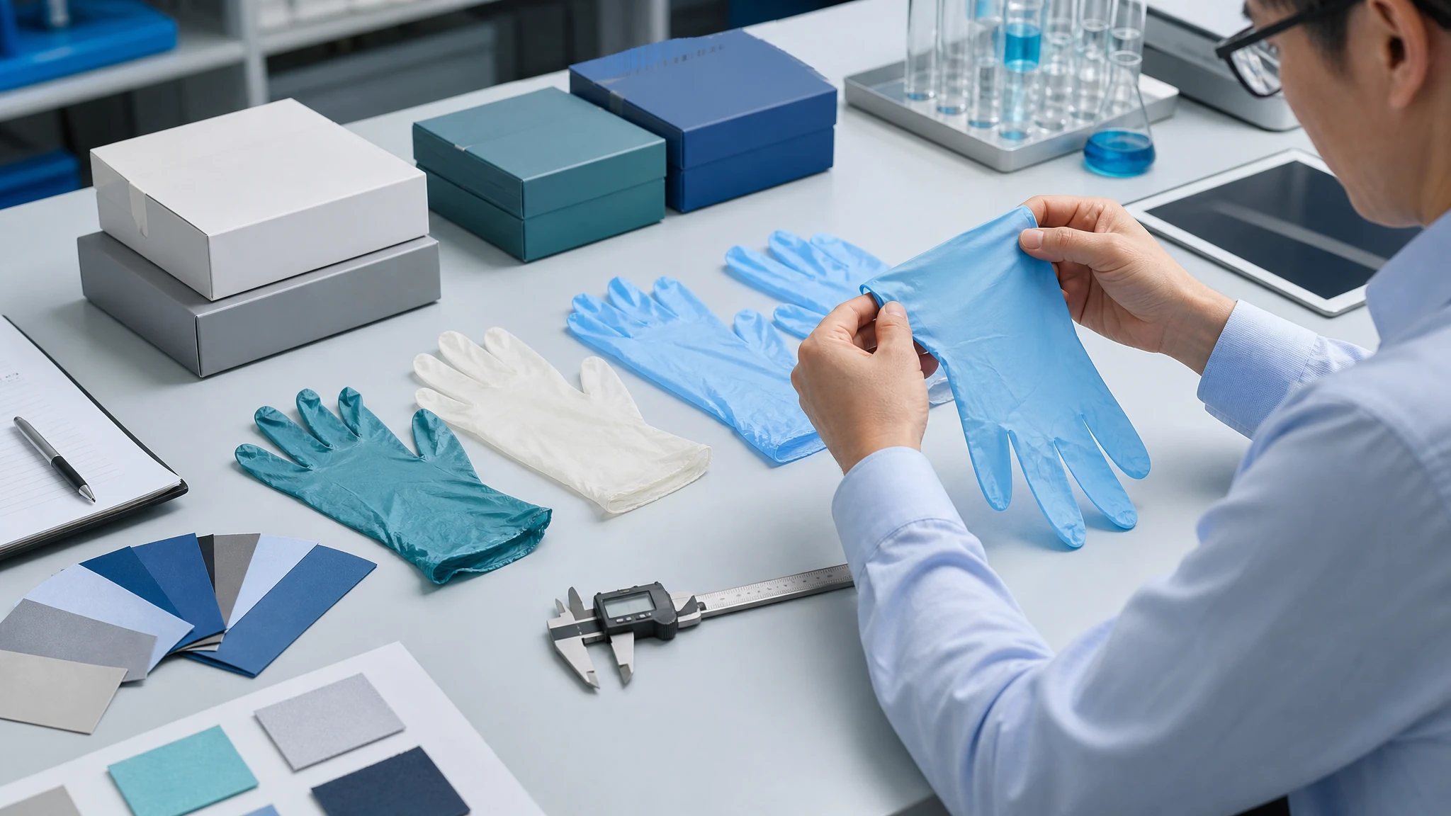 Procurement specialist comparing disposable glove samples, packaging and dimensions