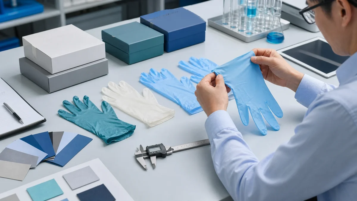 Procurement specialist comparing glove samples packaging and dimensions