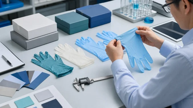 Procurement team reviewing disposable glove samples and specification documents