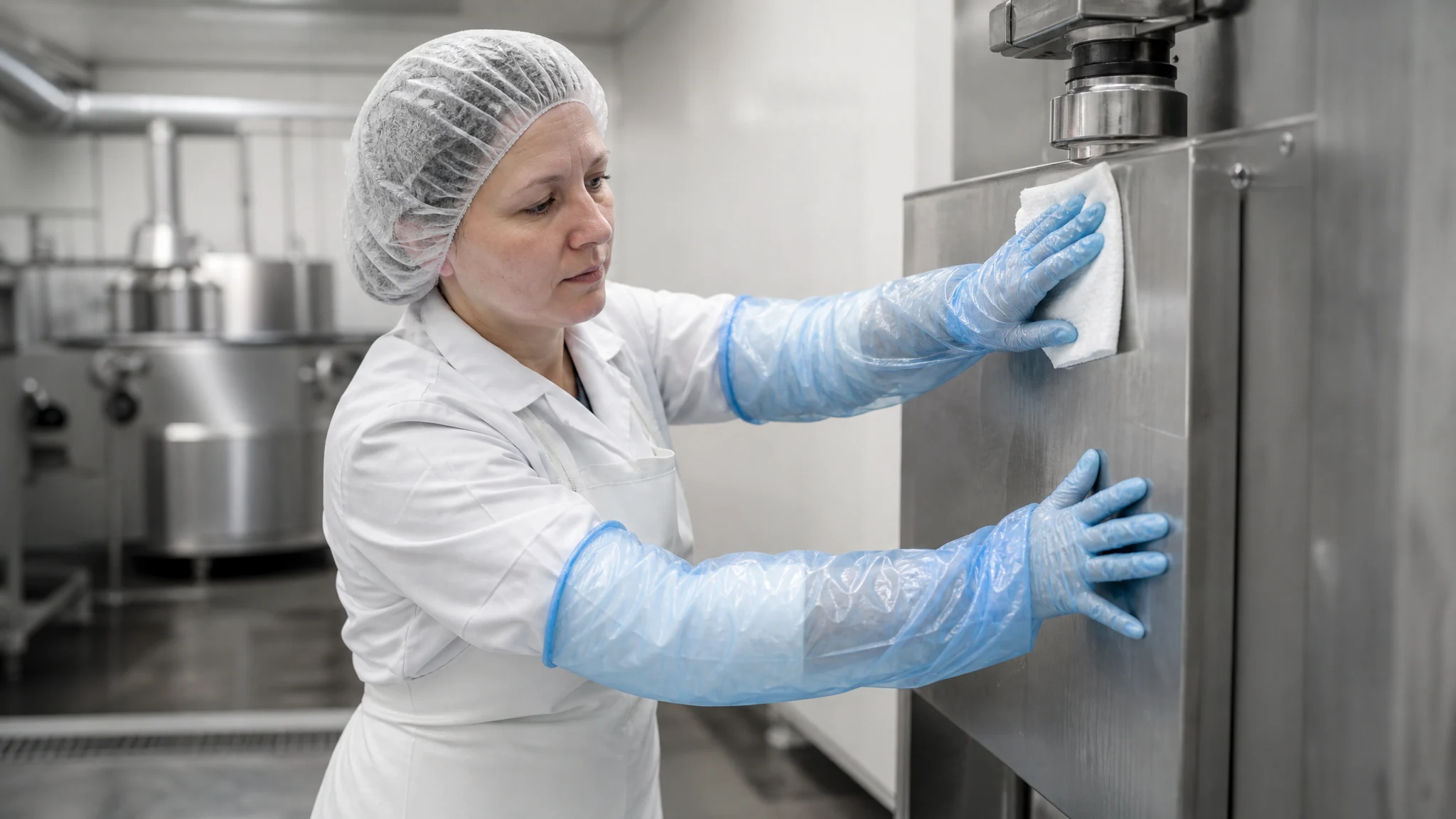 Food-processing worker cleaning equipment with extended-cuff disposable gloves covering the forearms