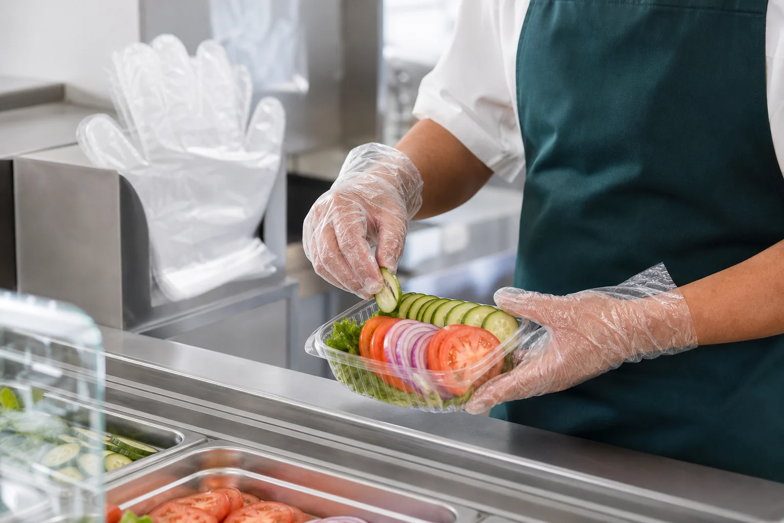 Deli worker handling prepared food while wearing clear lightweight HDPE disposable gloves