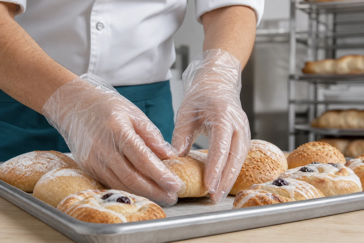 Bakery worker arranging food trays while wearing clear soft-drape LDPE disposable gloves