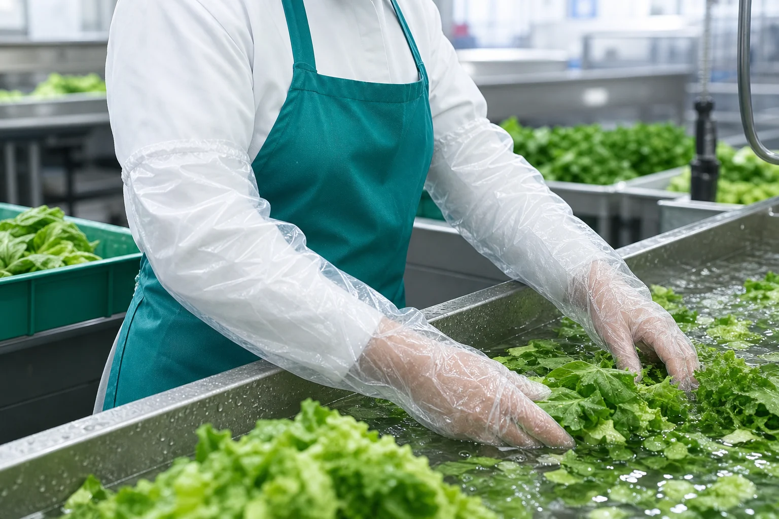 Produce worker washing leafy greens while wearing clear PE long gloves with forearm coverage