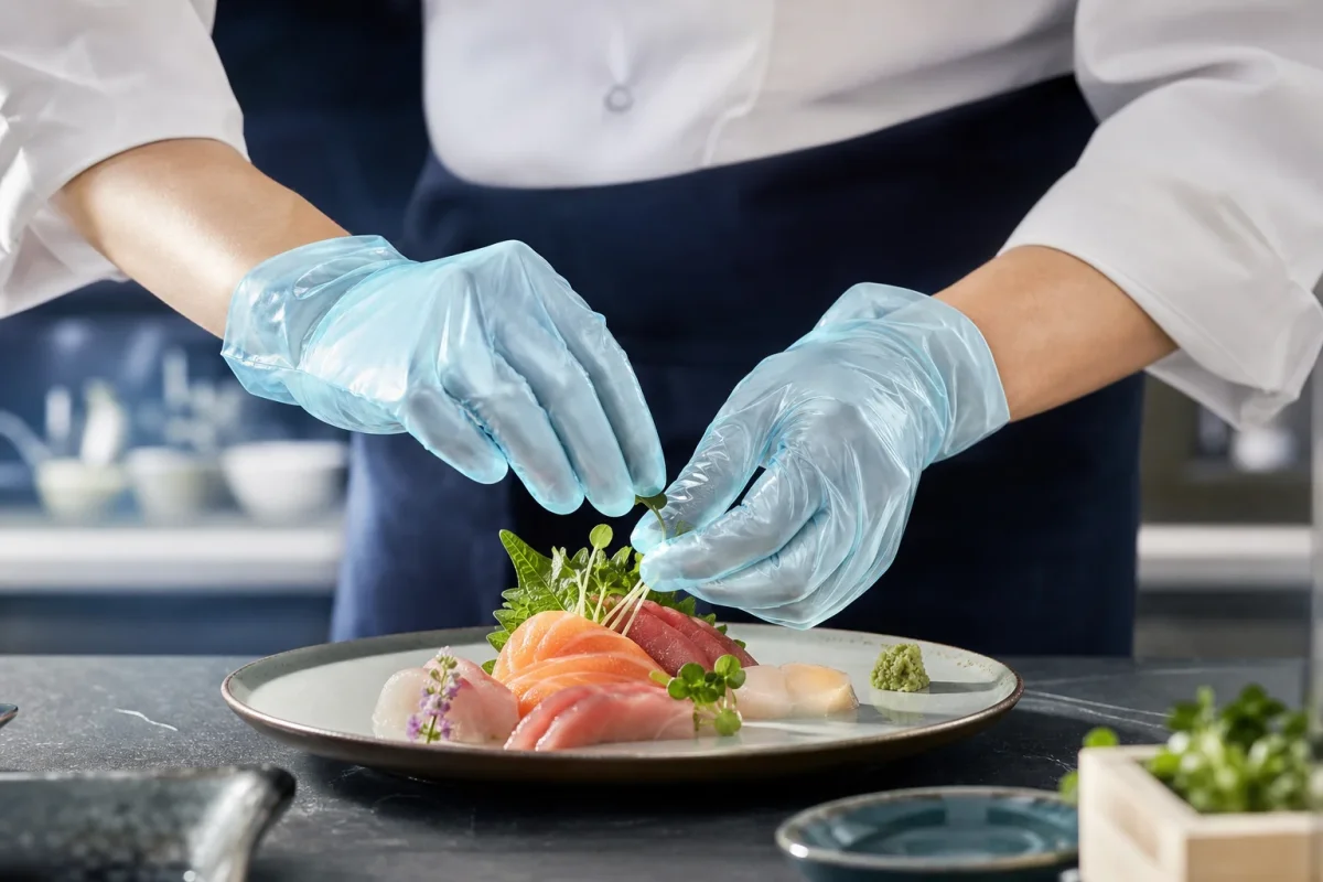 Cold-food chef plating ingredients while wearing flexible pale blue POE disposable gloves