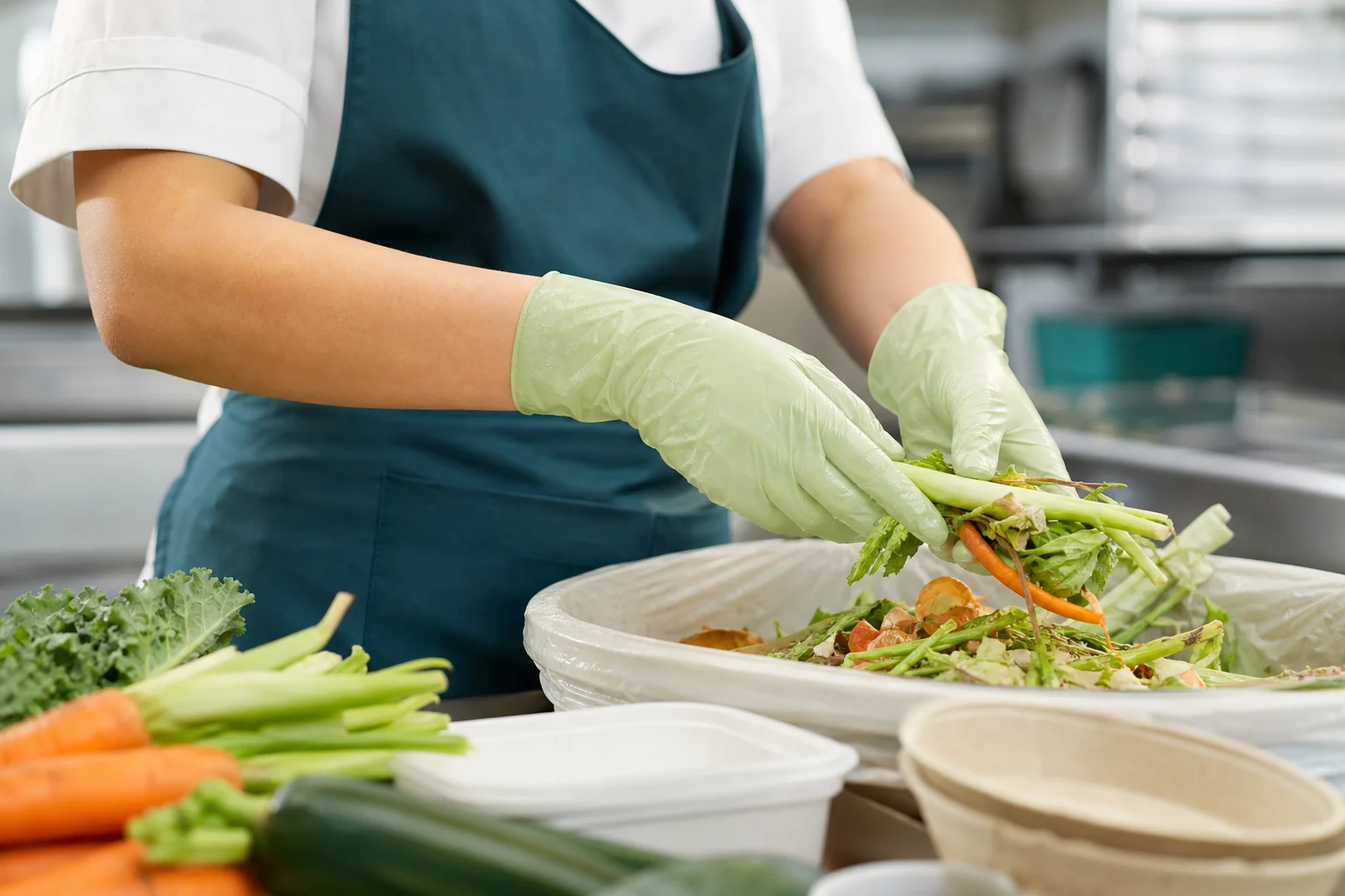 Organic food worker sorting vegetable trimmings while wearing light green biodegradable disposable gloves