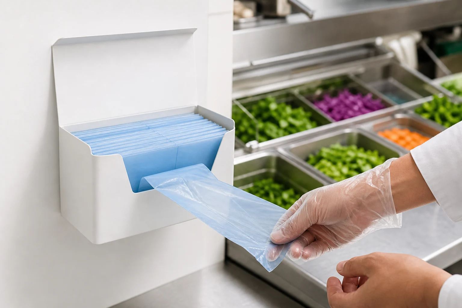 Food-service worker pulling a folded PE glove from a wall-mounted booked glove dispenser