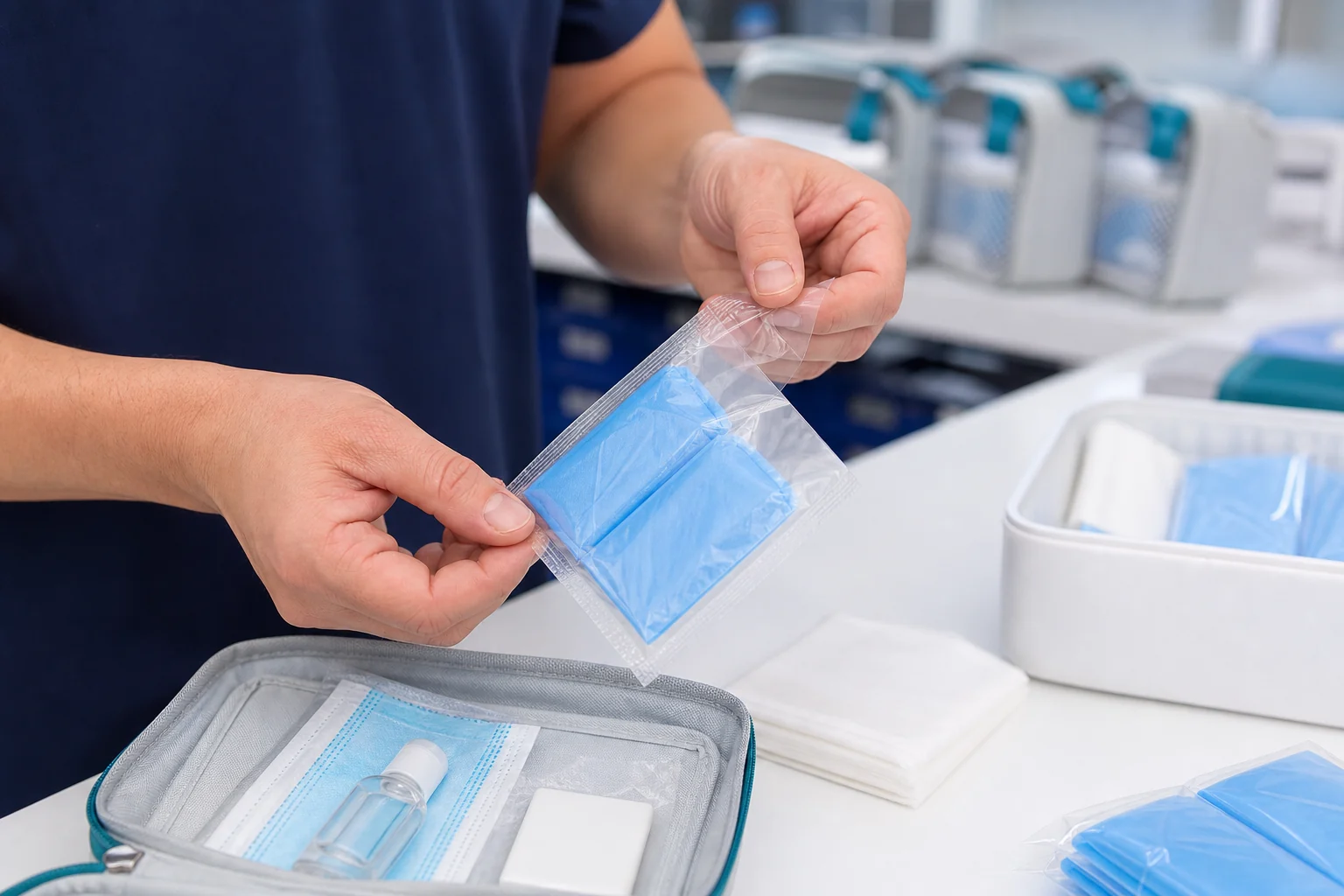Worker holding a clear sachet containing one folded pair of blue PE gloves for hygiene kits