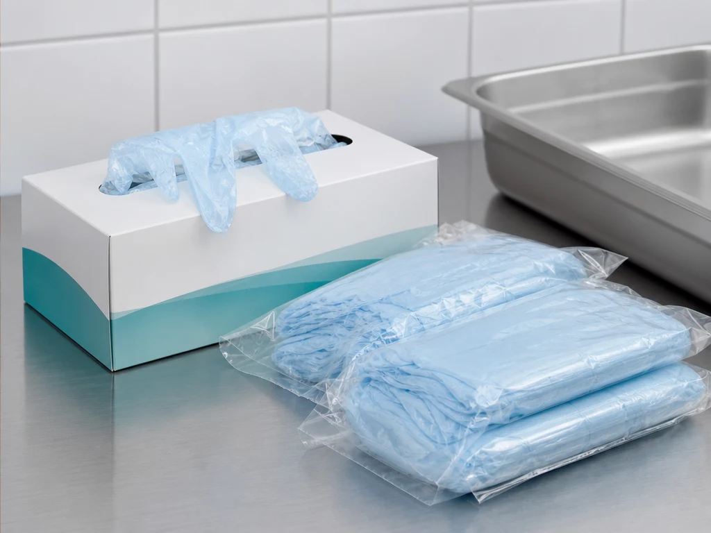Disposable TPE Gloves arranged in unbranded dispenser and export packaging thumbnail