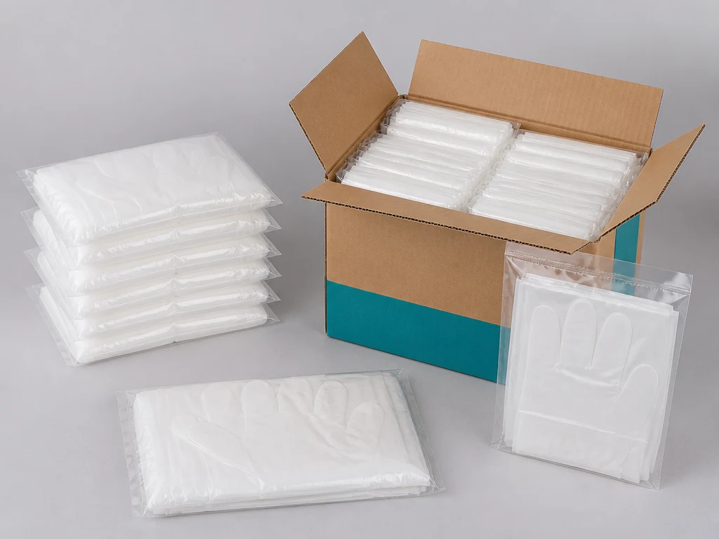LDPE Disposable Gloves arranged in unbranded dispenser and export packaging thumbnail