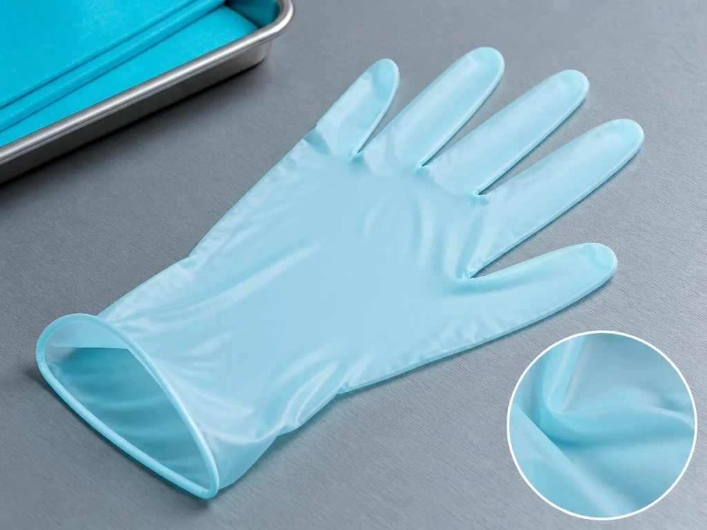 Close product detail showing smooth elastic film, natural finger flex and a broad-cut standard cuff on pale-cyan flexible POE disposable film gloves