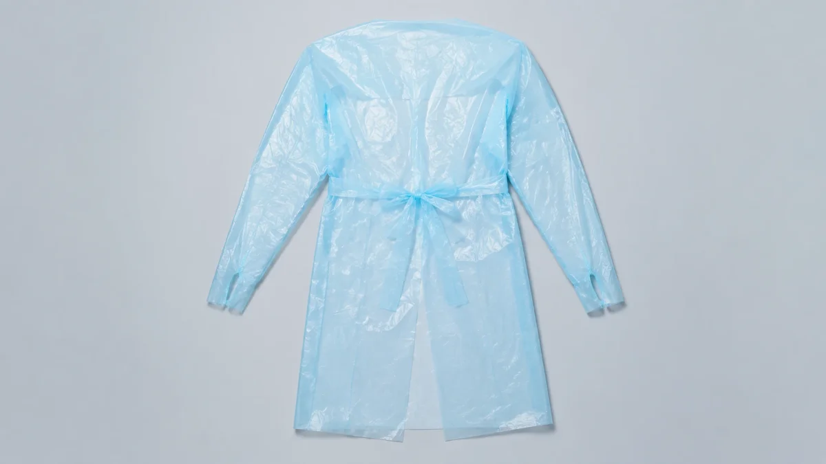 Back construction of a disposable film gown with ties and thumb-slit sleeves