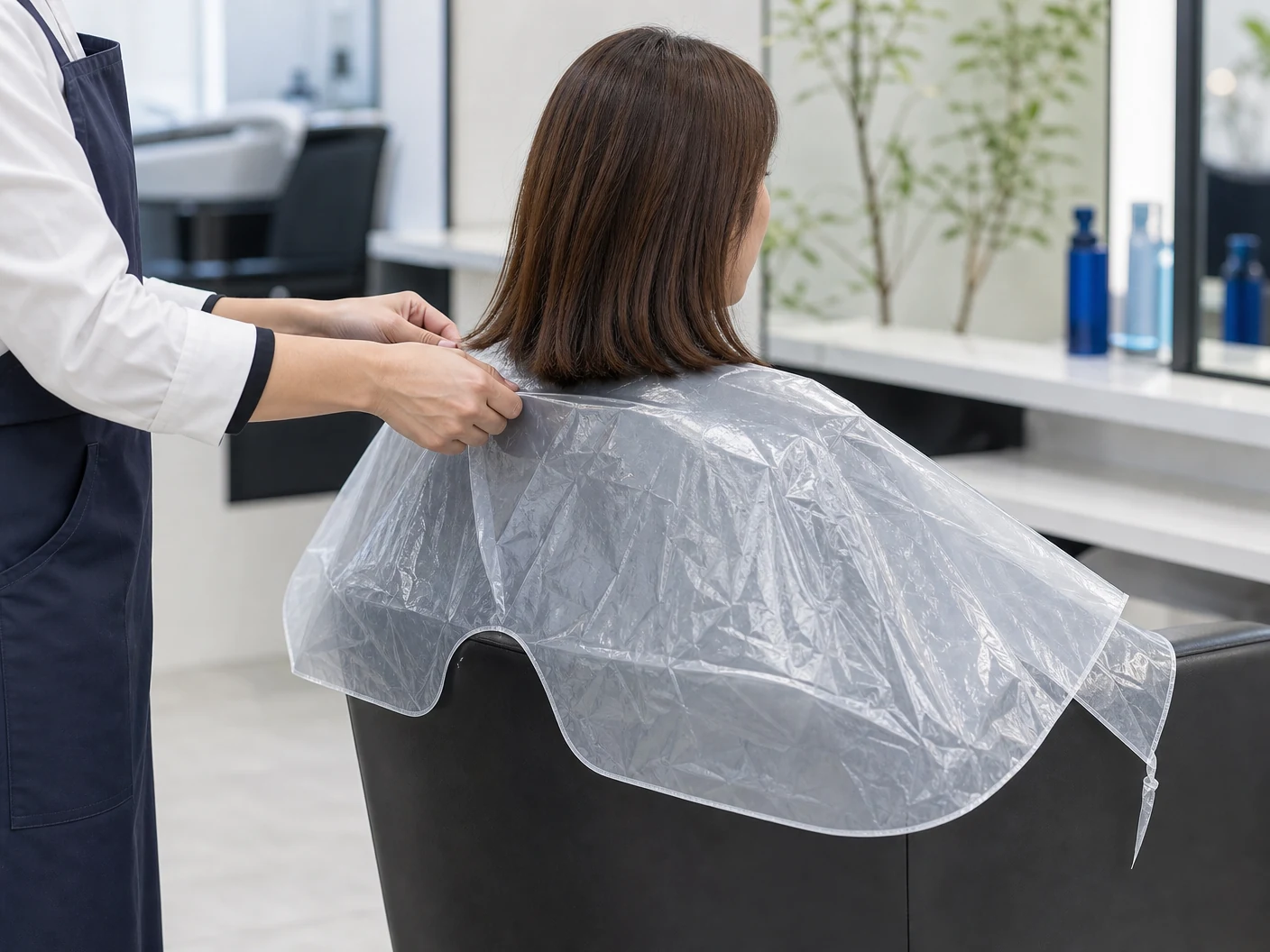 Disposable PE Hairdressing Cape shown in a real-use workflow
