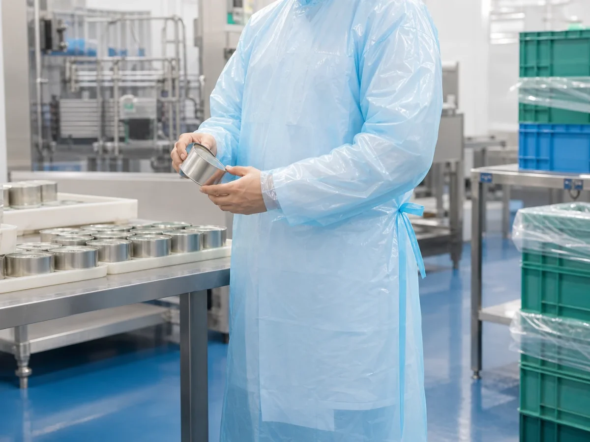 Worker wearing a light blue disposable film gown during a clean factory inspection task