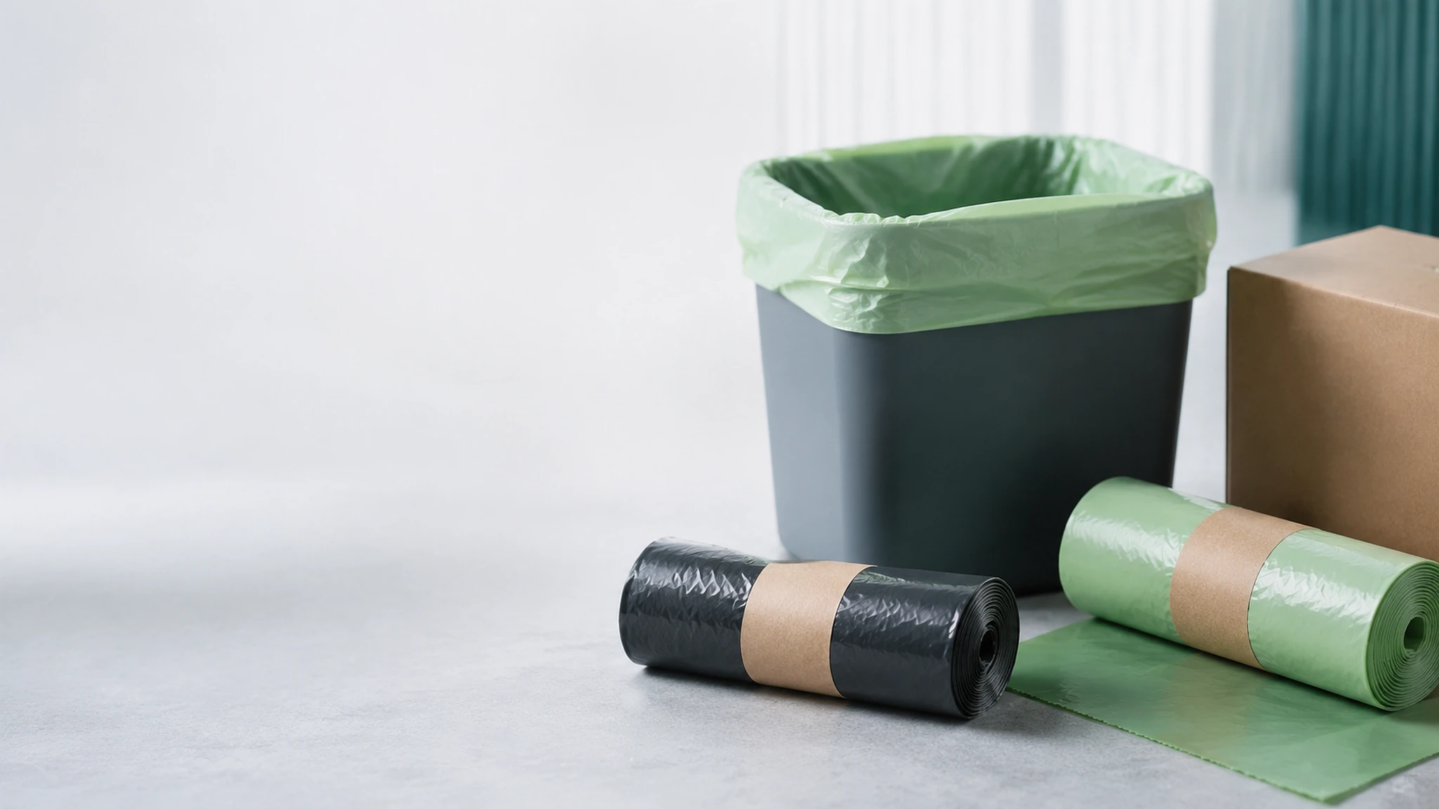 Compostable and PE garbage bag rolls arranged for B2B liner specification comparison