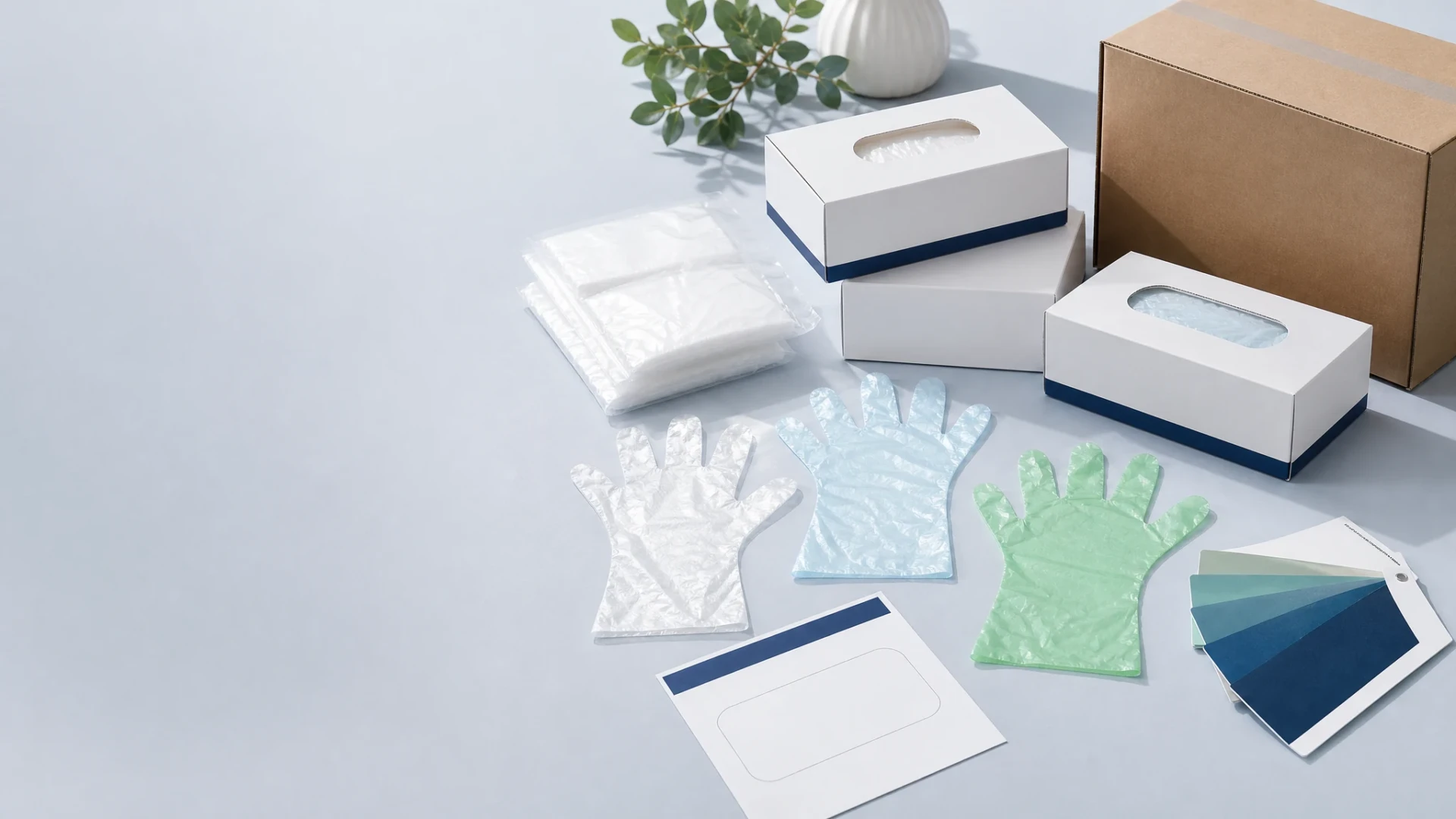 Disposable glove samples and clean unbranded retail cartons prepared for private-label packaging development