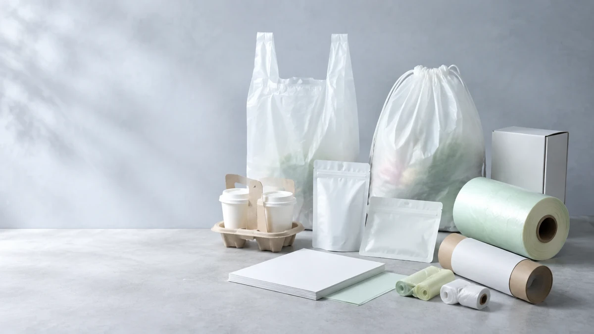 Custom compostable bag formats and blank packaging arranged for OEM specification review