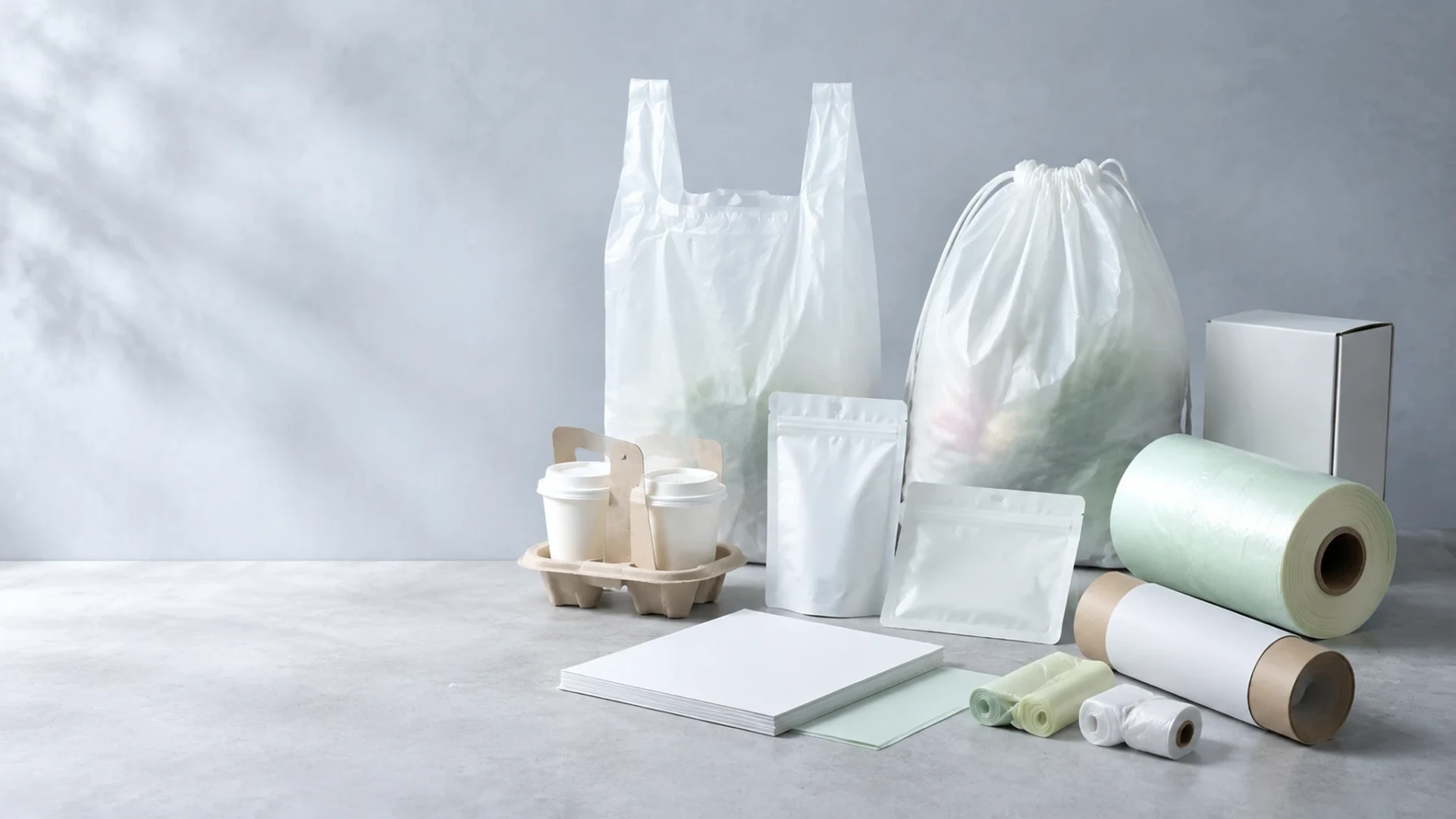 Custom compostable bag formats and unbranded packaging arranged for OEM specification review
