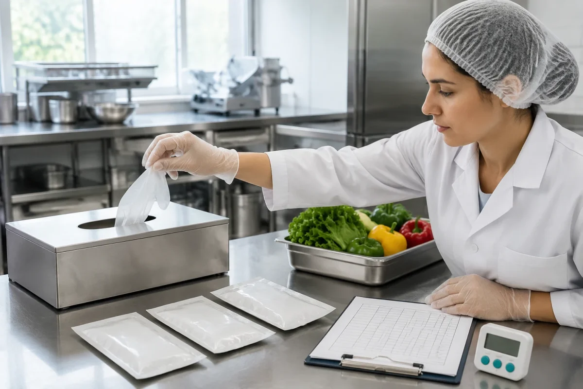 Food quality specialist checking one-at-a-time film glove dispensing and blank sample packs in a bright commercial kitchen