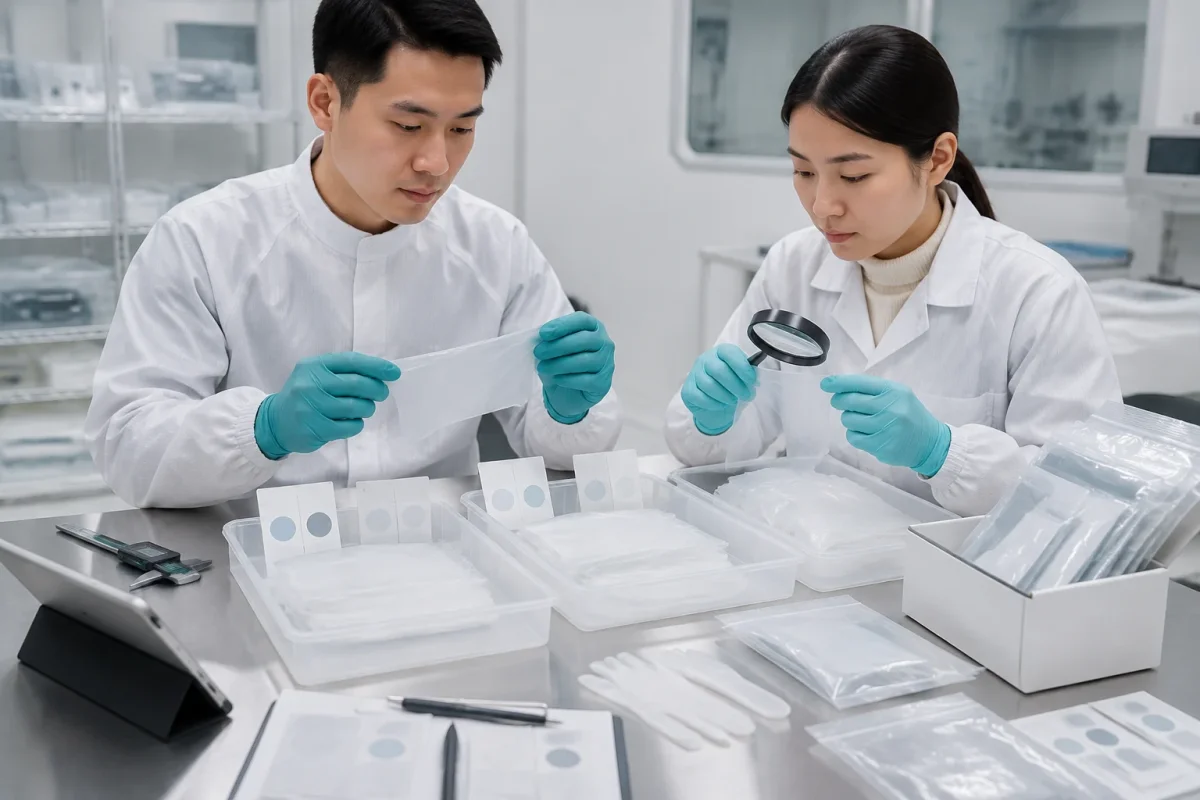 Cleanroom sourcing team inspecting film samples and qualification test records