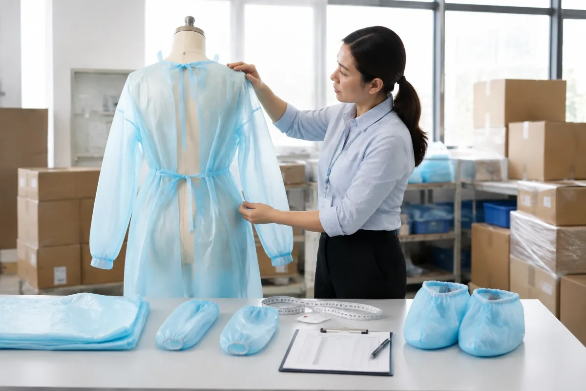 Procurement specialist checking disposable film gown coverage and matching sleeve and footwear covers