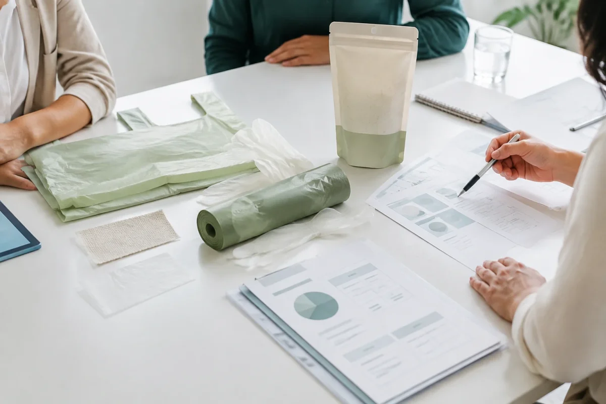 Sourcing team comparing alternative-material bags gloves film samples and supporting records