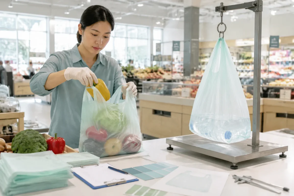 Retail bag trial comparing a filled handled bag with a controlled hanging-load test