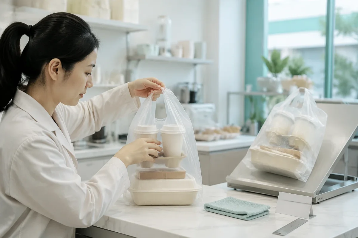 Takeout carrier trial checking loaded drink cups food containers and transport stability