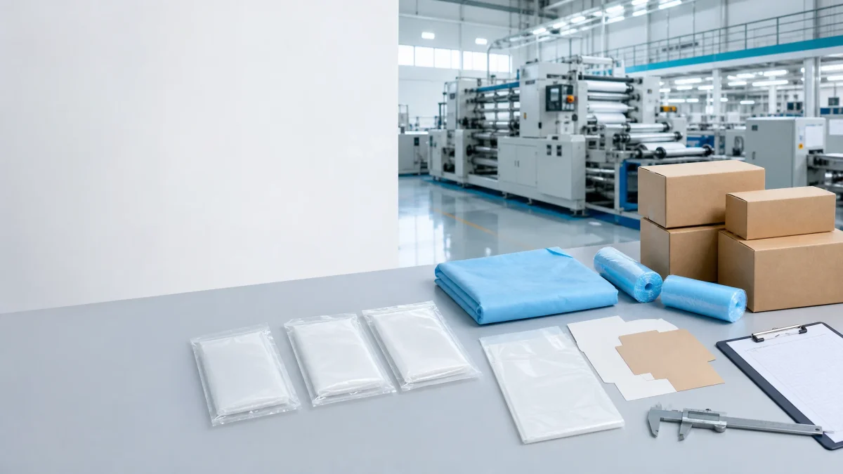 Folded disposable product samples sealed in clear pouches with protective wear rolls blank cartons and inspection tools in a bright film factory