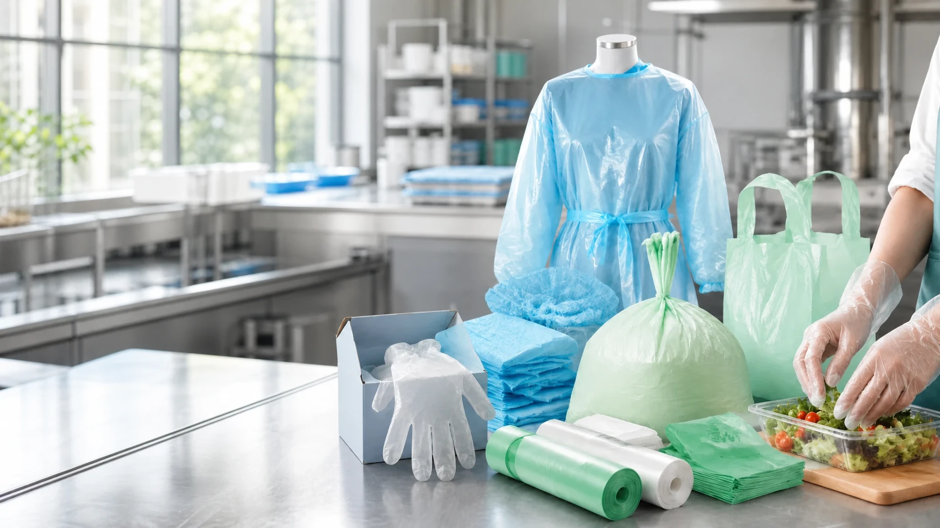 Disposable gloves protective wear and bag formats arranged on the right side of a bright industrial scene