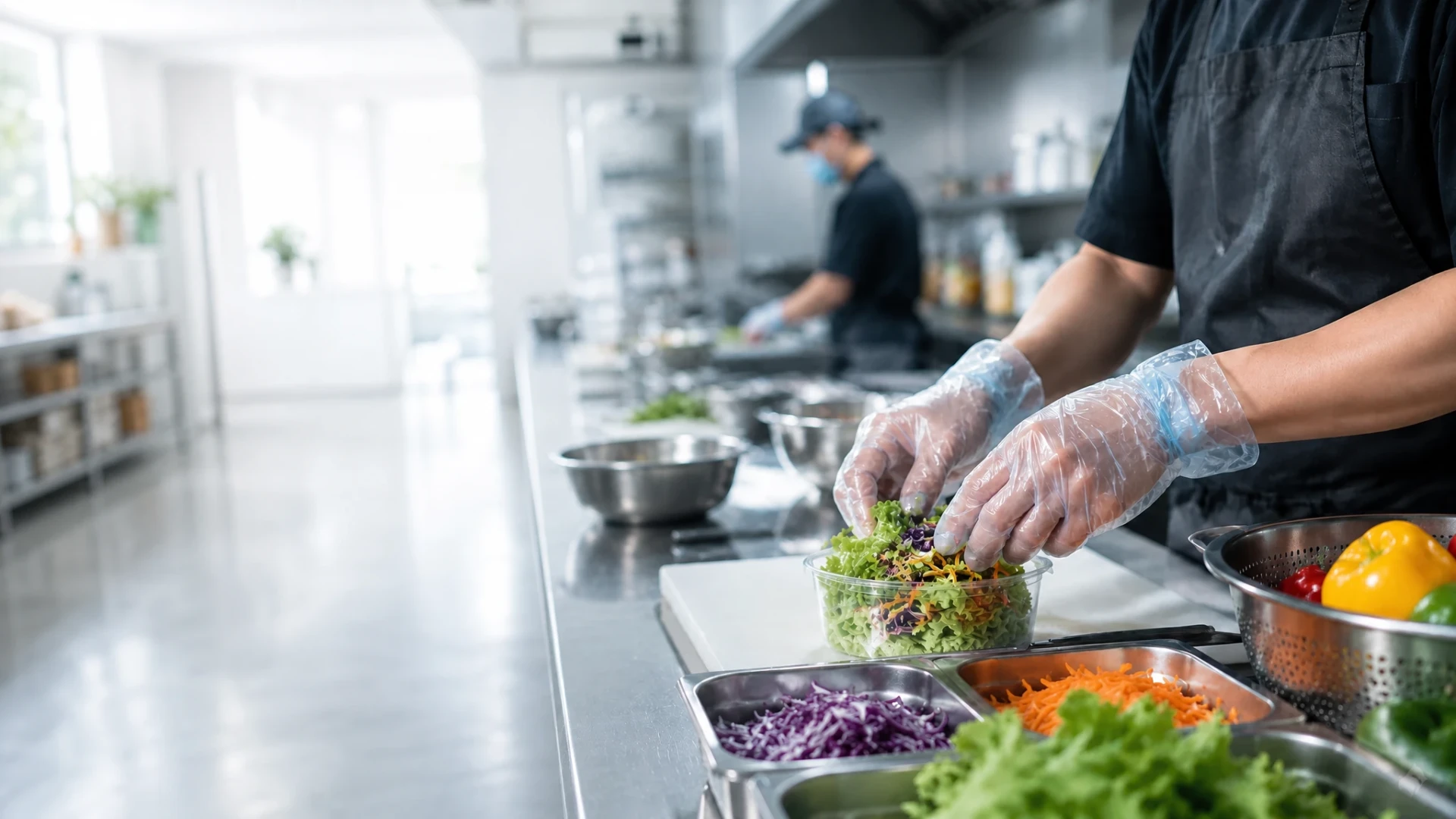 Food preparation worker using loose-fit disposable film gloves with produce on the right side of a bright commercial kitchen